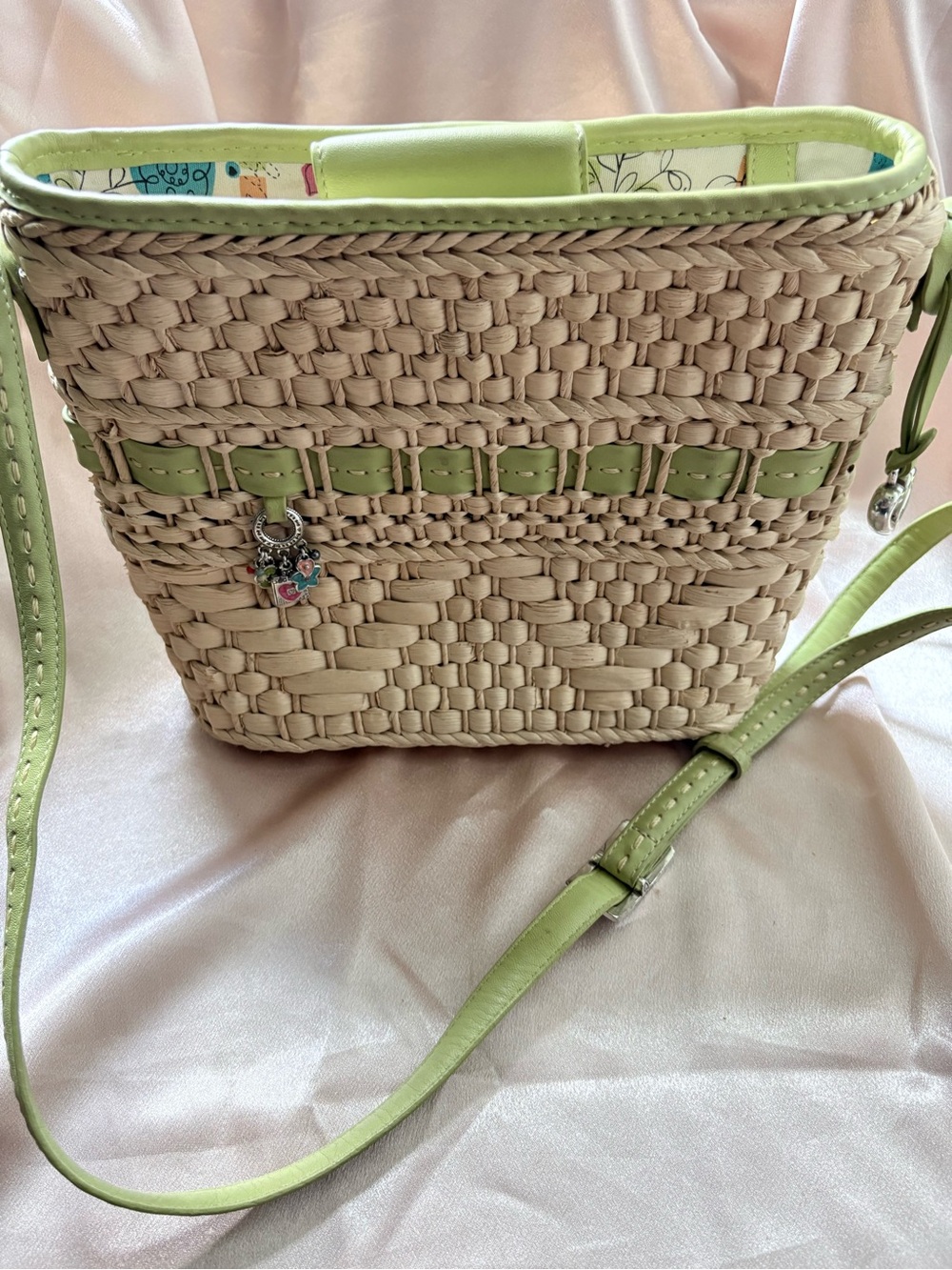 Brighton Straw Woven Crossbody Bag Green Leather Charms Y2K